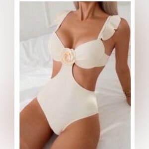 Cream Ribbed Floral-Accent One Piece with High-Waist Bottoms